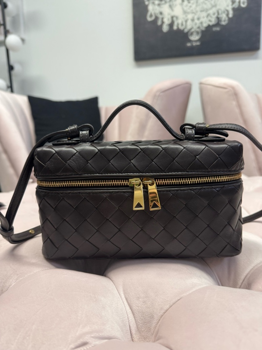 Bottega Veneta chocolate brown Woven Leather Top-Handle Crossbody Vanity